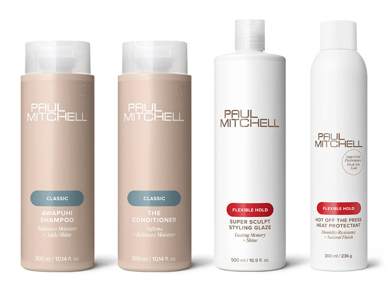 Abbildung von vier Pflegeprodukten: Paul Mitchell Awapuhi Shampoo, Paul Mitchell Awapuhi Conditioner, Paul Mitchell Super Sculp und Paul Mitchell Hot Off the Press Heat Protectant