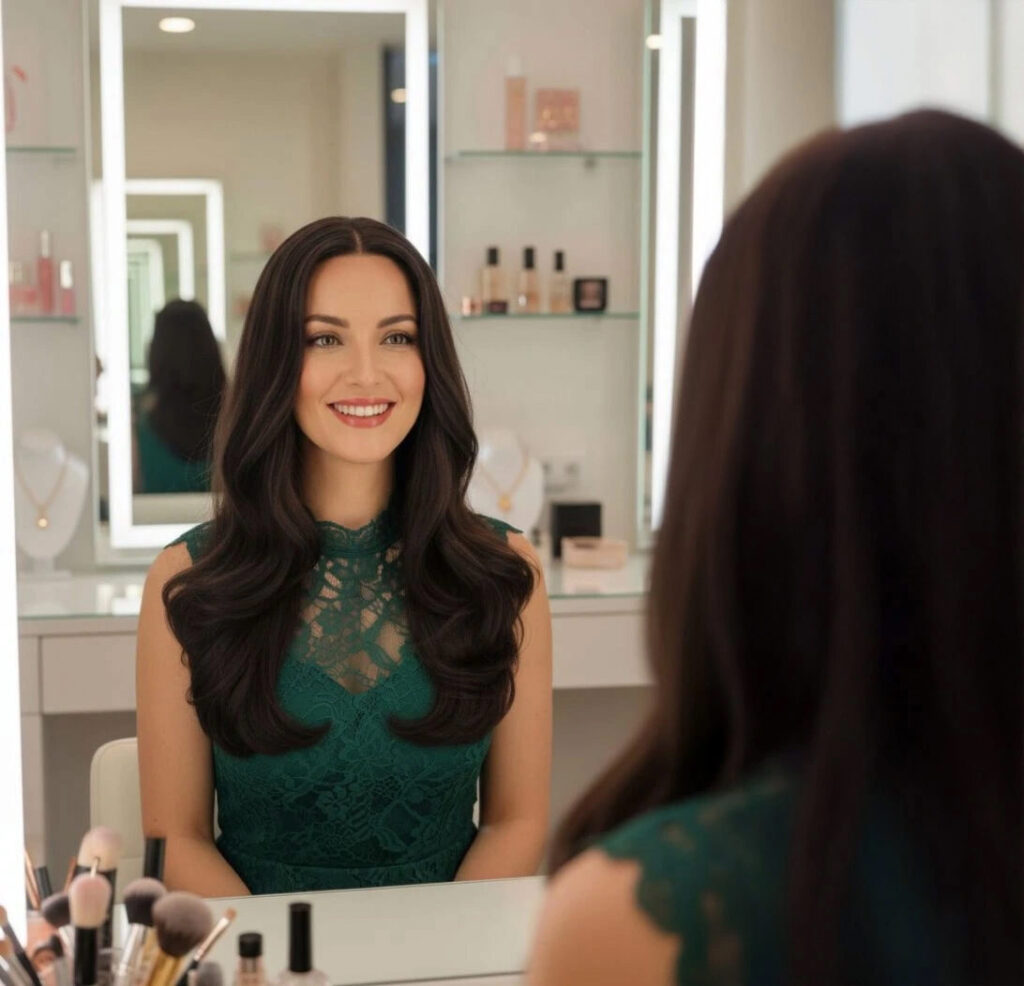 Frau sitz vor einem Spiegel mit dunkel brauner Langhaar Perücke auf dem Kopf