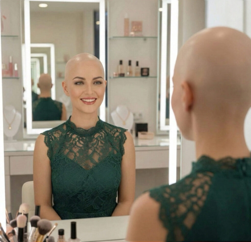 Frau sitzt vor einem Spiegel ohne Haare auf dem Kopf